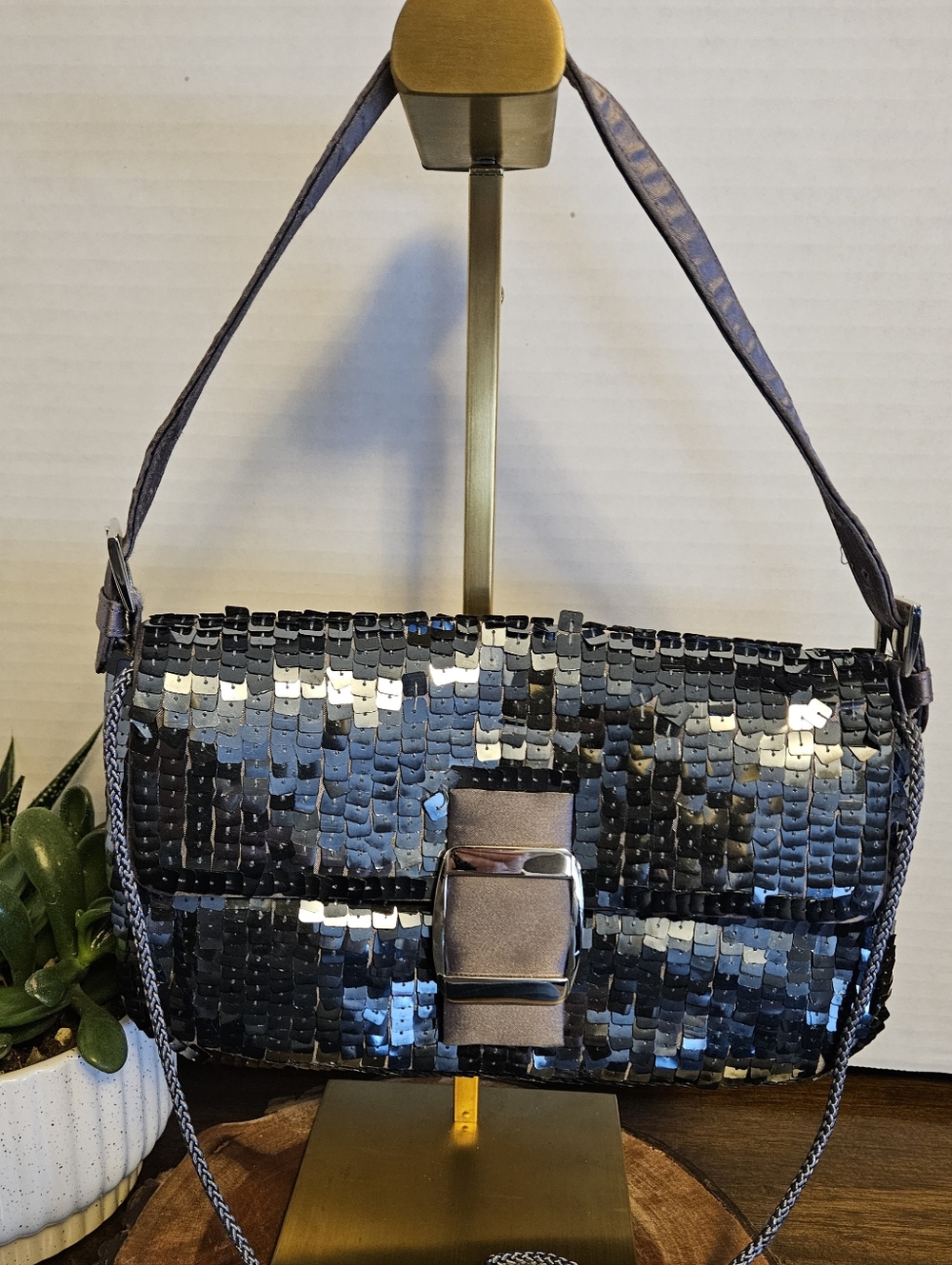 Valerie Stevens Sequin Baguette Blue Silver Buckle Formal Bag
